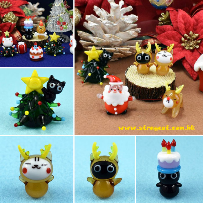 日本硝子玻璃聖誕樹貓、日本硝子玻璃聖誕鹿貓日本硝子玻璃聖誕蛋糕貓