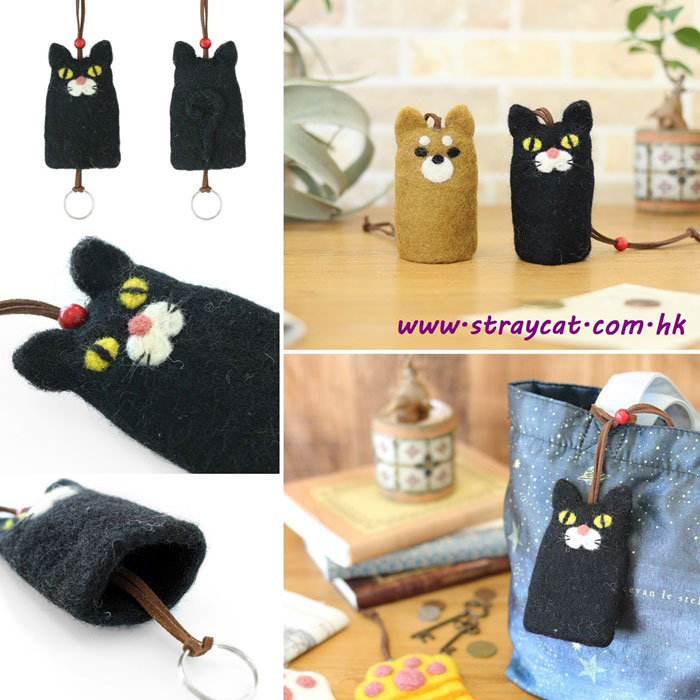 日本手製羊毛氈黑貓匙包