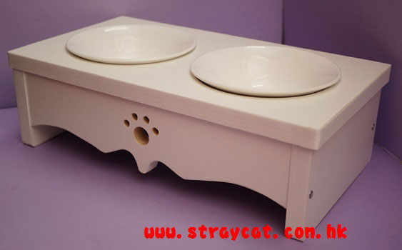 木製貓餐桌(有木紋、白漆兩色)(雙碗：20x37x12cm高)